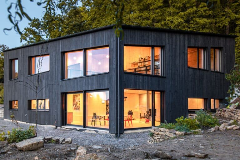 Dark house in the woods with many illuminated windows